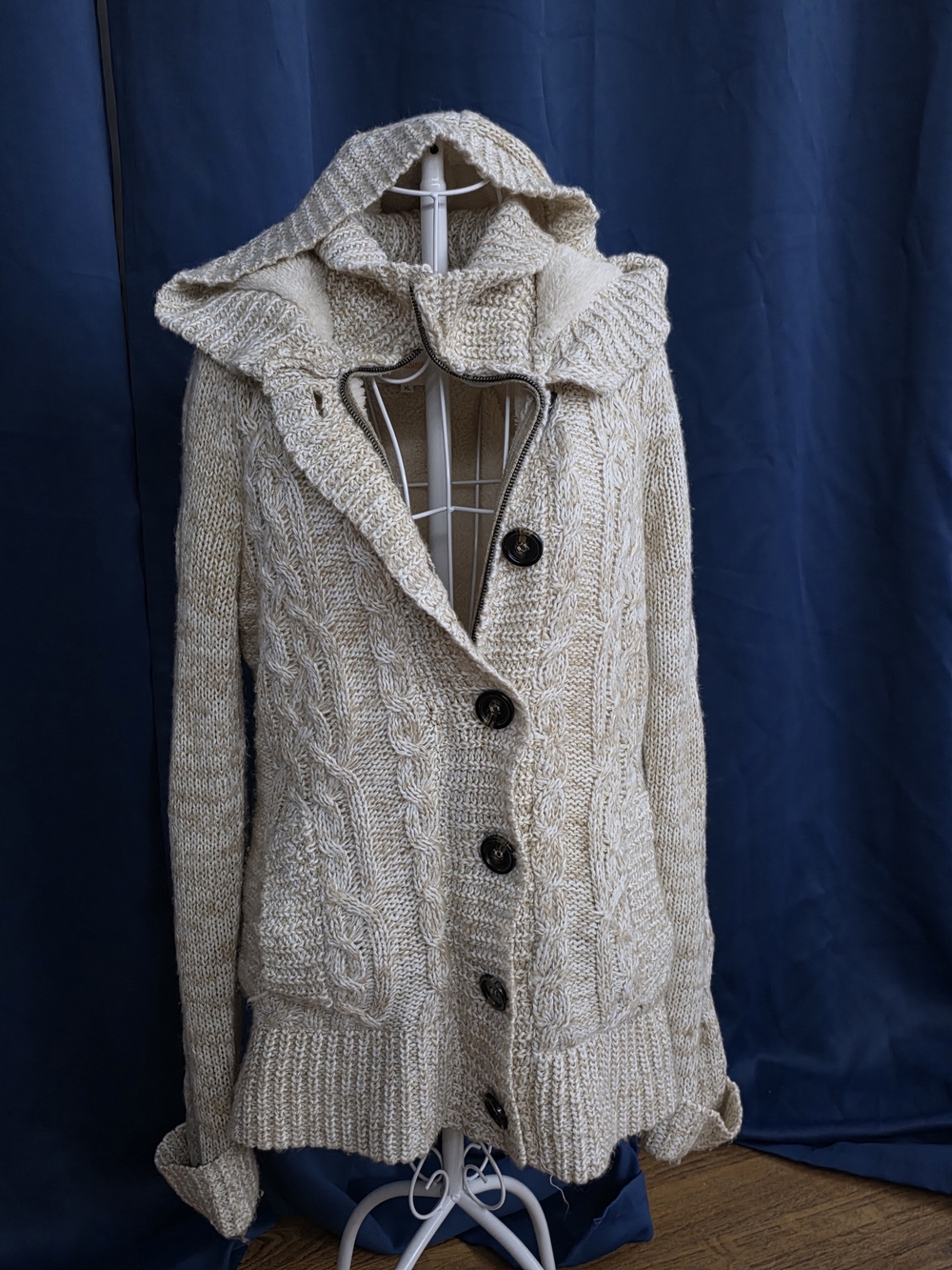 Hooded Cable Knit Button-Up Sweater - Cream JR XL